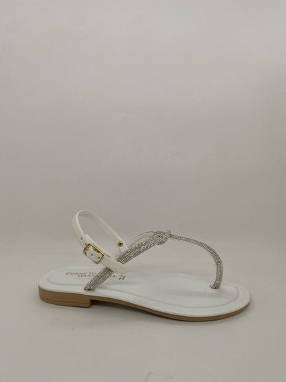 White Rhinestone Flat Sandals with Buckle