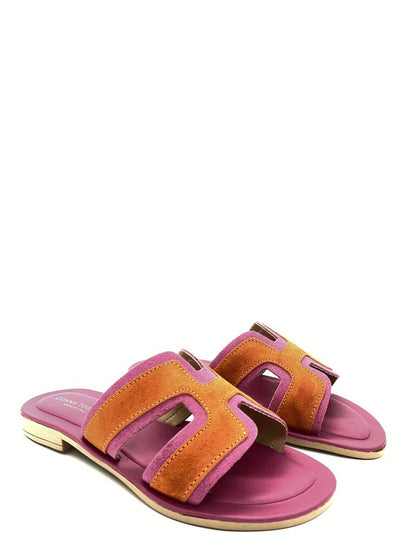 Colorblock Suede Slide Sandals with Cutout Design