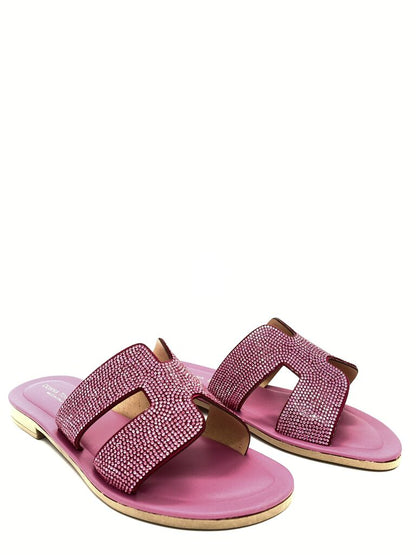 Pink Gemstone Embellished Slide Sandals