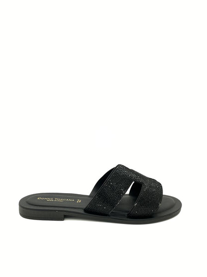 Black Textured Slide Sandals with Wide Straps