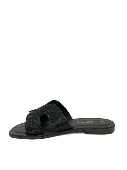 Black Textured Slide Sandals with Wide Straps
