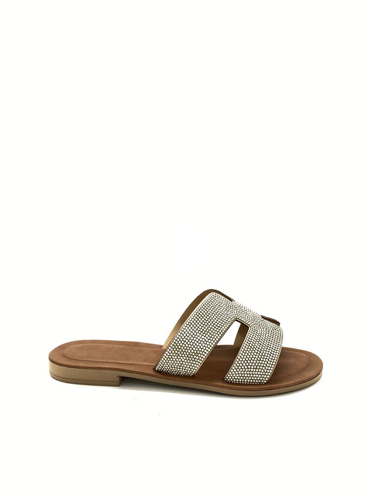 Brown Embellished Slide Sandals with Dual Straps