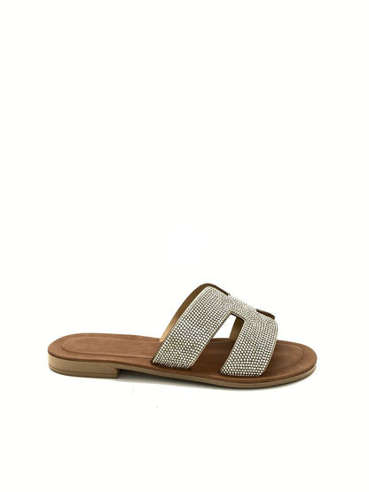 Brown Embellished Slide Sandals with Dual Straps
