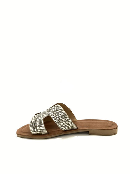 Brown Embellished Slide Sandals with Dual Straps