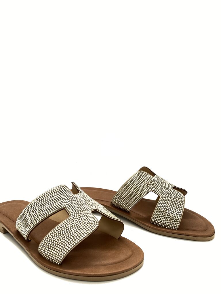 Brown Embellished Slide Sandals with Dual Straps