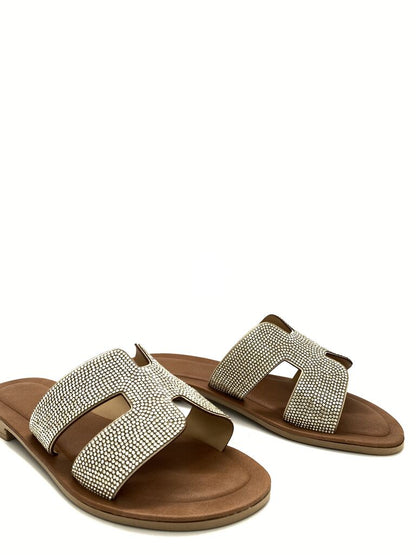 Brown Embellished Slide Sandals with Dual Straps
