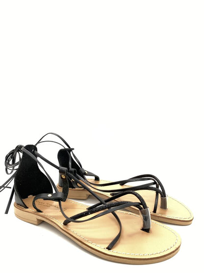 Black Strappy Leather Sandals with Adjustable Ties