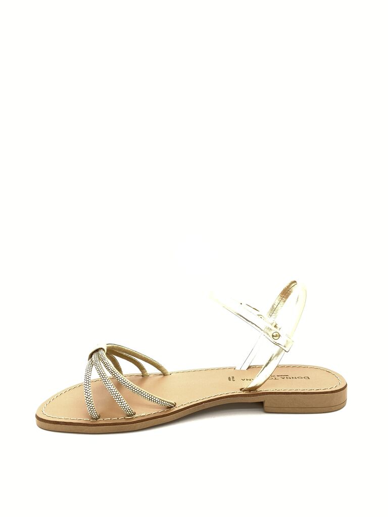 Gold Strappy Flat Sandal with Rhinestone Accents