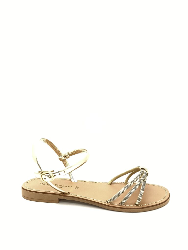 Gold Strappy Flat Sandal with Rhinestone Accents