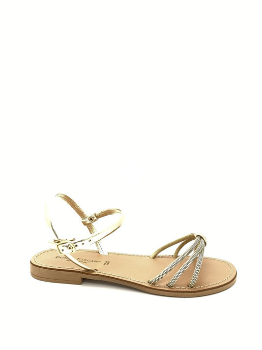 Gold Strappy Flat Sandal with Rhinestone Accents