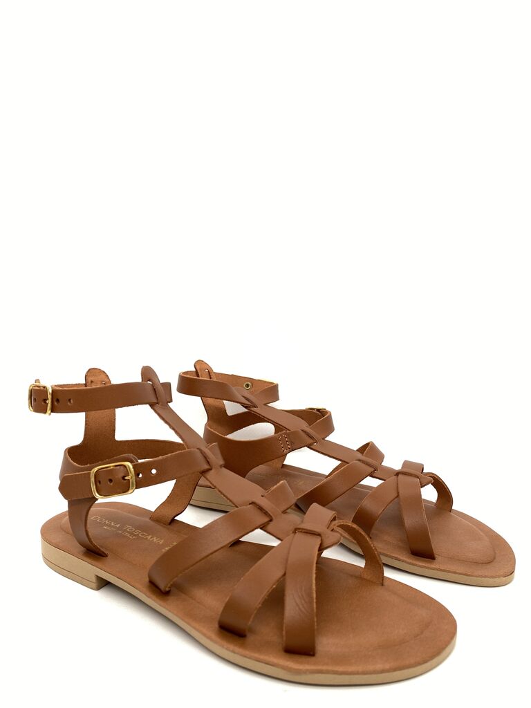 Tan Gladiator Leather Sandals with Buckle Straps