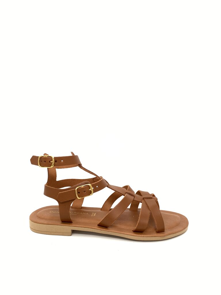 Tan Gladiator Leather Sandals with Buckle Straps