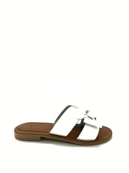 White Leather Slide Sandals with Bow Detail