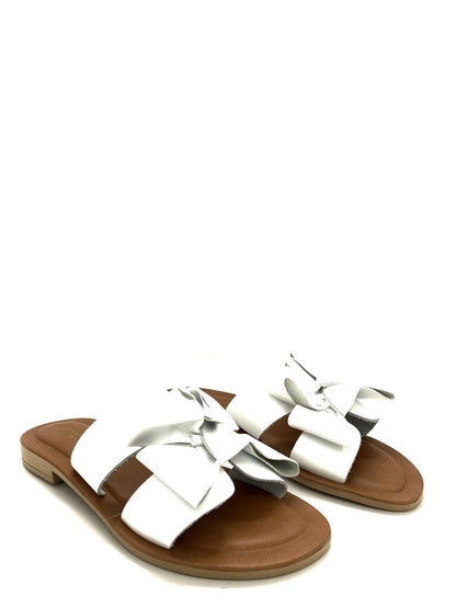 White Leather Slide Sandals with Bow Detail