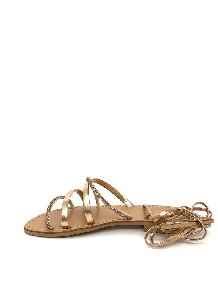 Gold Metallic Strappy Sandals with Rhinestone Accents