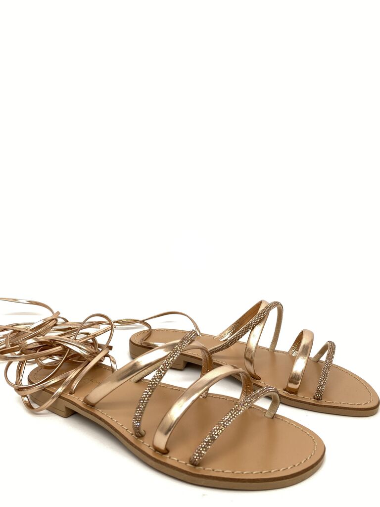 Gold Metallic Strappy Sandals with Rhinestone Accents