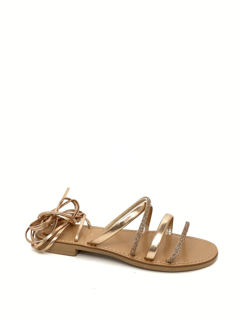 Gold Metallic Strappy Sandals with Rhinestone Accents