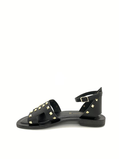 Black Studded Leather Sandal with Ankle Strap