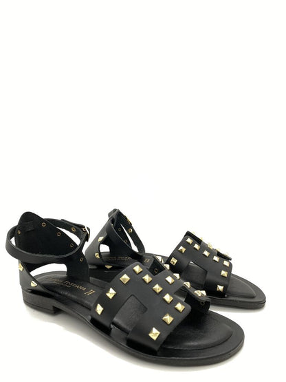 Black Studded Leather Sandal with Ankle Strap