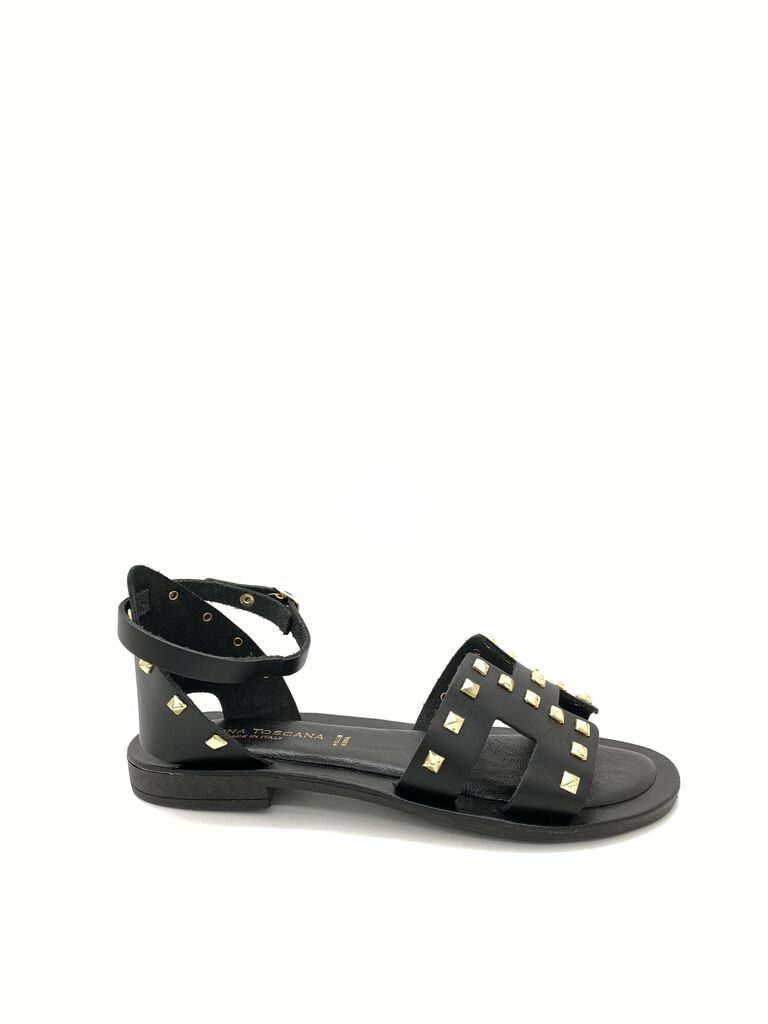 Black Studded Leather Sandal with Ankle Strap