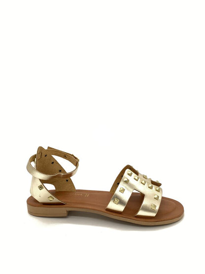 Gold Studded Leather Sandal with Ankle Strap