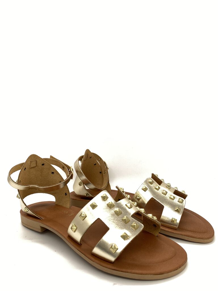 Gold Studded Leather Sandal with Ankle Strap