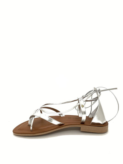 Metallic Strappy Leather Sandals with Ankle Ties
