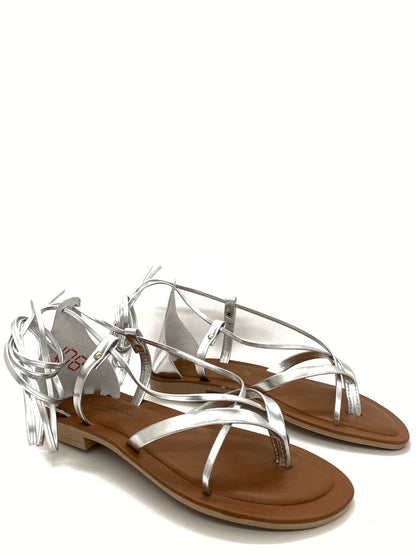 Metallic Strappy Leather Sandals with Ankle Ties