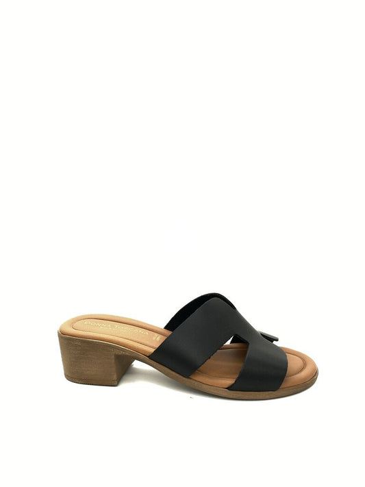Black Leather Slide Sandals with Block Heel