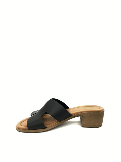 Black Leather Slide Sandals with Block Heel