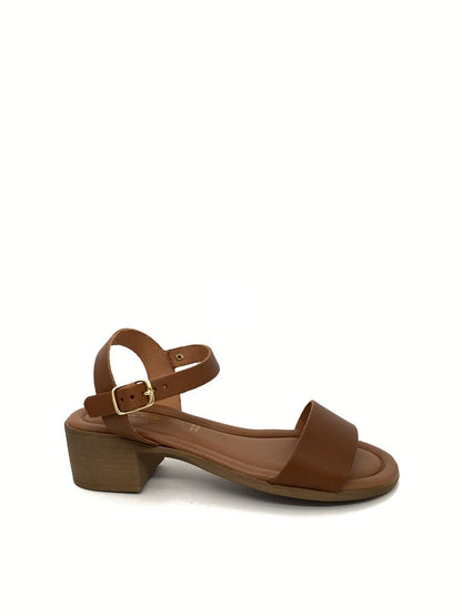 Brown Leather Block Heel Sandal with Adjustable Strap