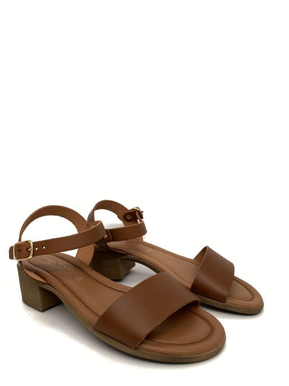 Brown Leather Block Heel Sandal with Adjustable Strap