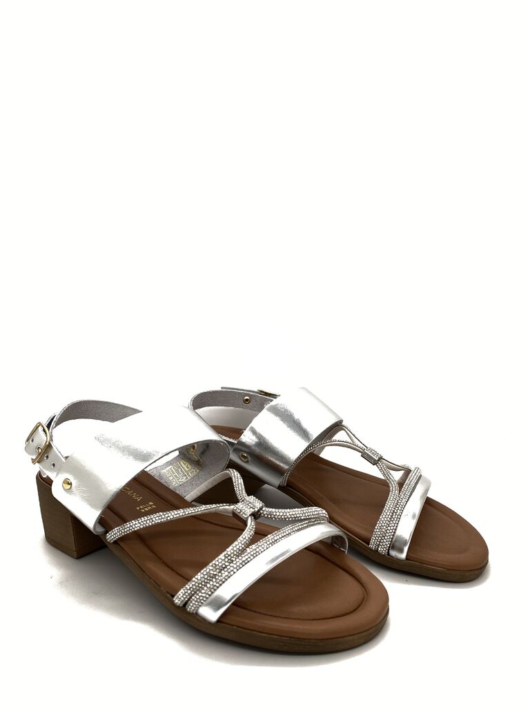 Silver Leather Block Heel Sandals