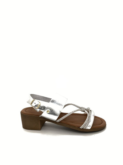 Silver Leather Block Heel Sandals