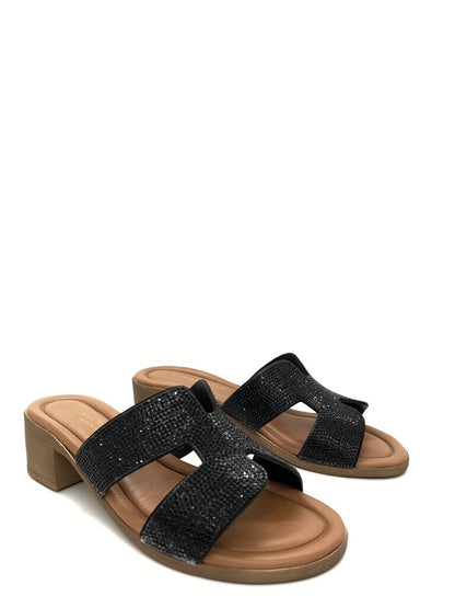 Black Textured Block Heel Sandal