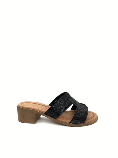 Black Textured Block Heel Sandal