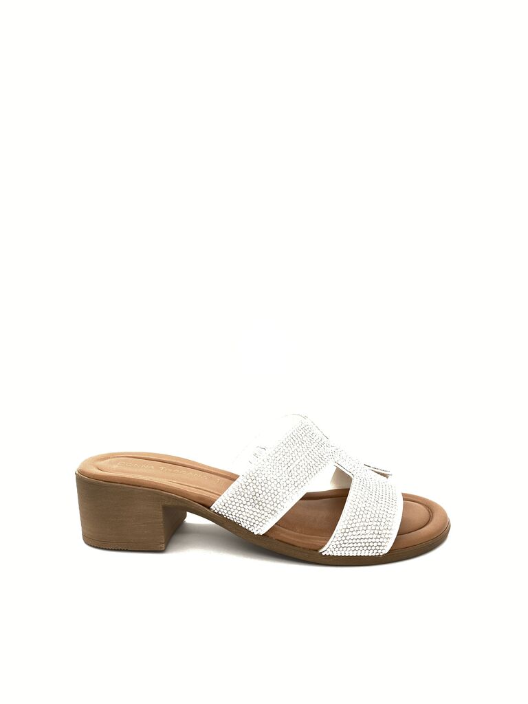 White Textured Slide Sandals with Mid Heel