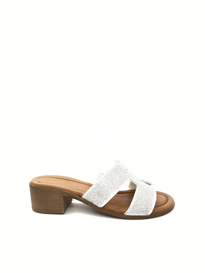 White Textured Slide Sandals with Mid Heel