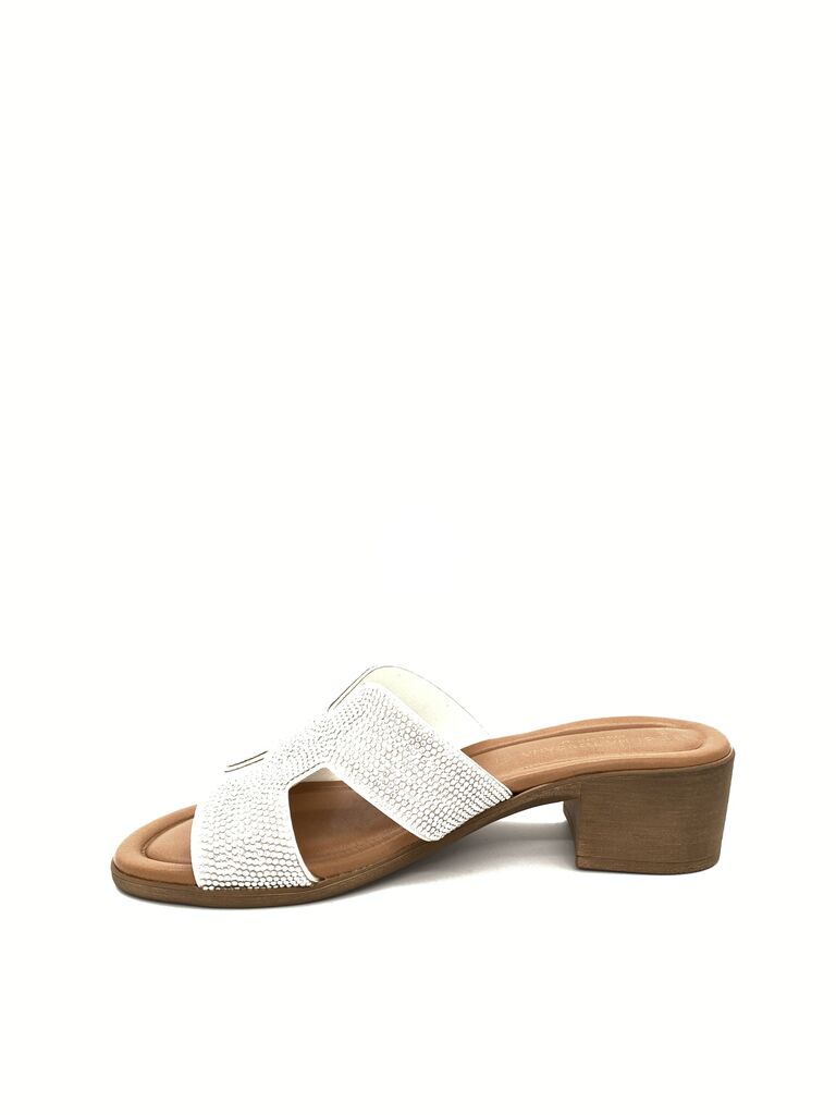 White Textured Slide Sandals with Mid Heel