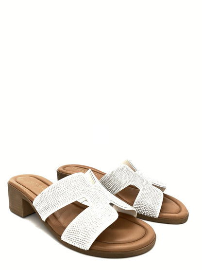 White Textured Slide Sandals with Mid Heel