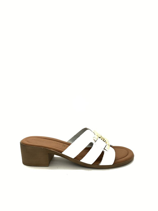 White Slide Sandal with Gold Accent and Block Heel