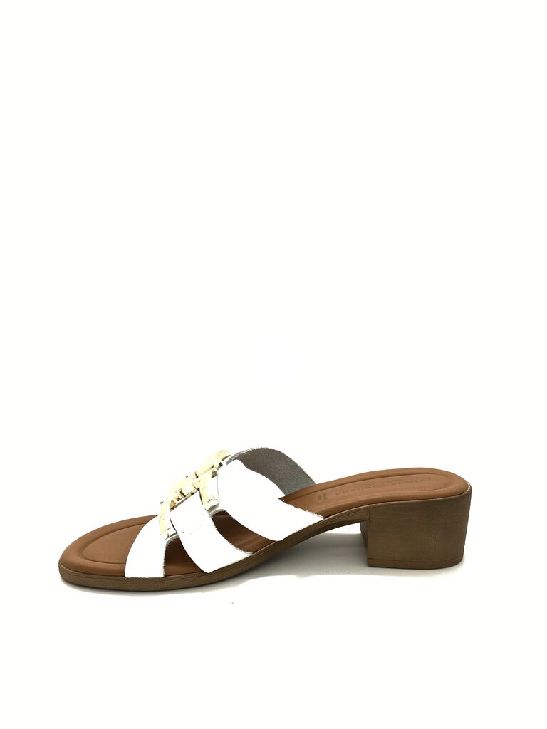 White Slide Sandal with Gold Accent and Block Heel