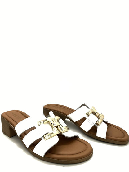 White Slide Sandal with Gold Accent and Block Heel