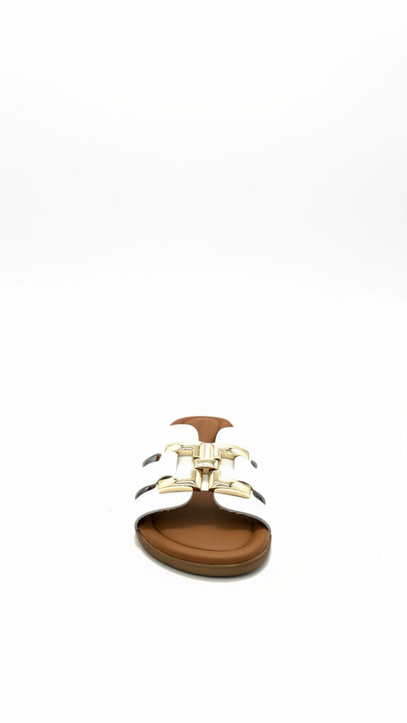 White Slide Sandal with Gold Accent and Block Heel