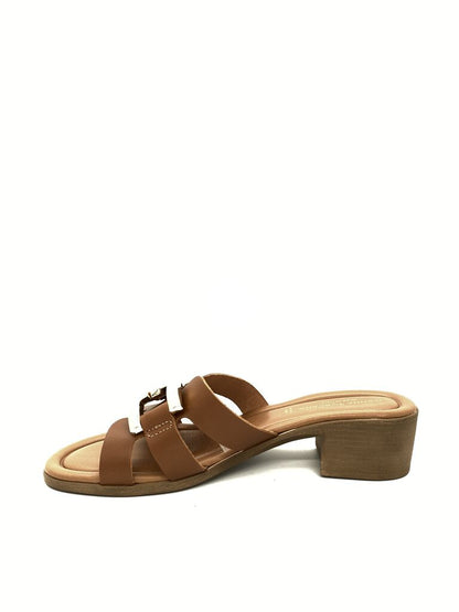 Brown Strappy Leather Sandals with Low Heel