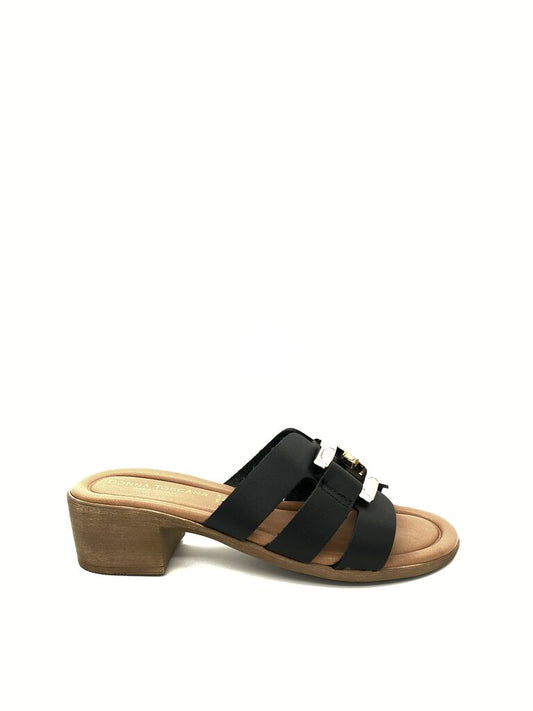 Black Leather Block Heel Sandal with Strap Detailing