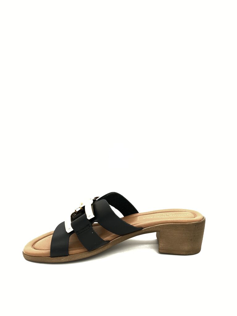 Black Leather Block Heel Sandal with Strap Detailing