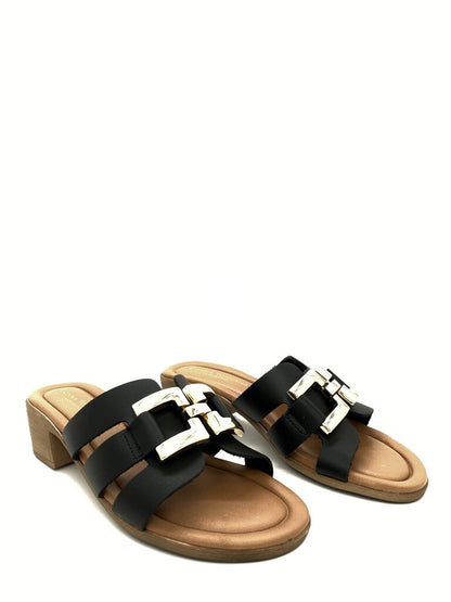 Black Leather Block Heel Sandal with Strap Detailing