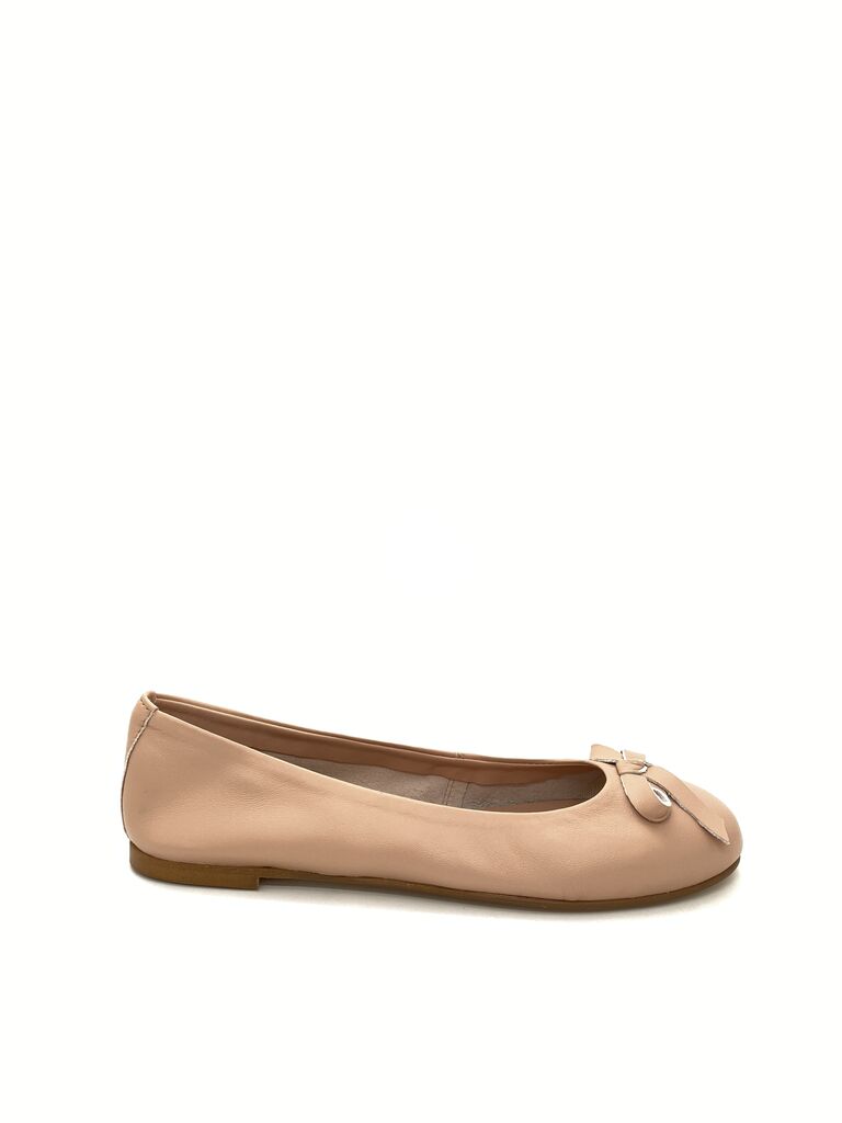 Nude Leather Ballet Flats with Bow Detail
