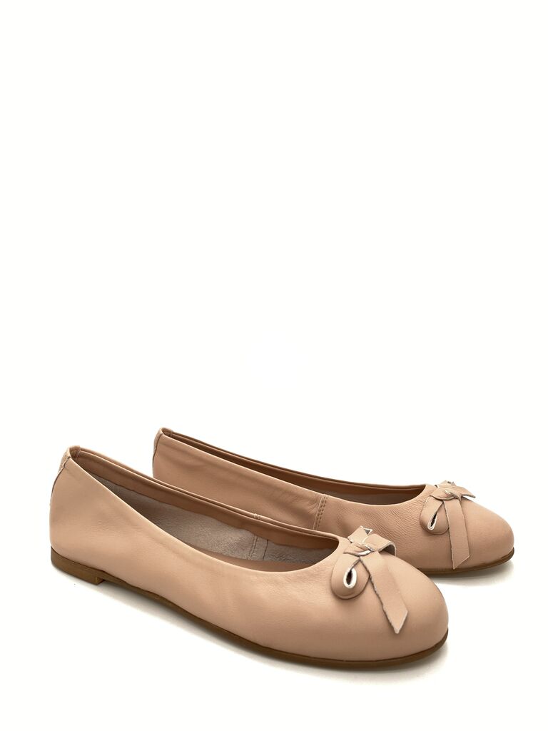 Nude Leather Ballet Flats with Bow Detail